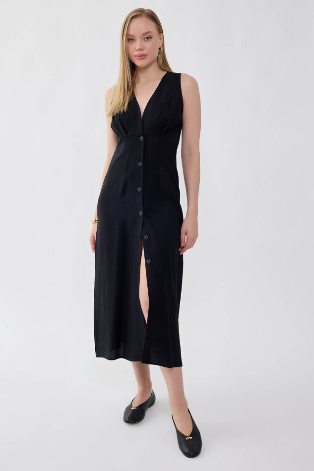 V Yaka Düğmeli Elbise - 11