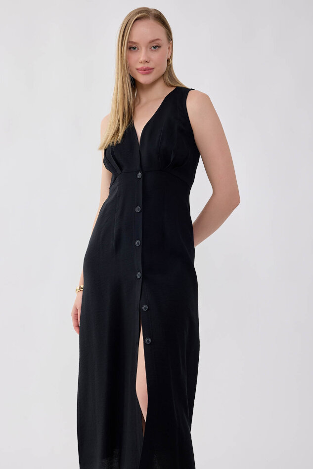 V Yaka Düğmeli Elbise - 12