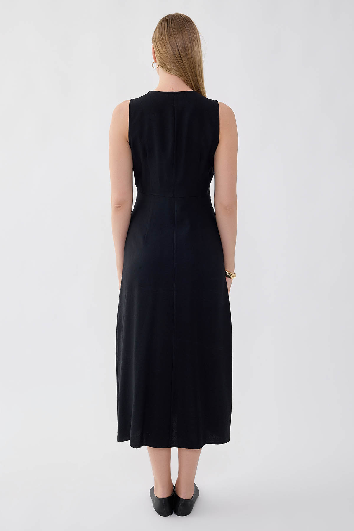 V Yaka Düğmeli Elbise - Thumbnail