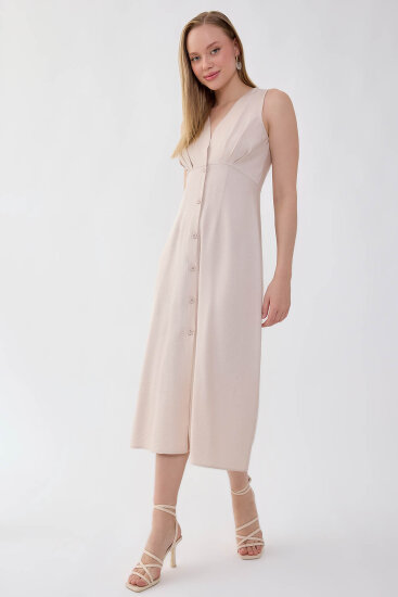 V Yaka Düğmeli Elbise - 14