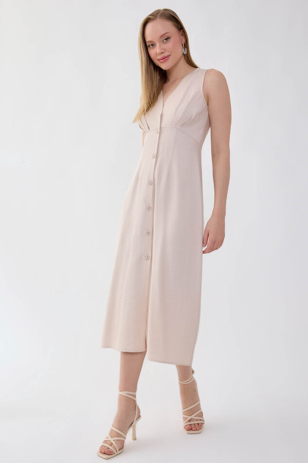 V Yaka Düğmeli Elbise - 14