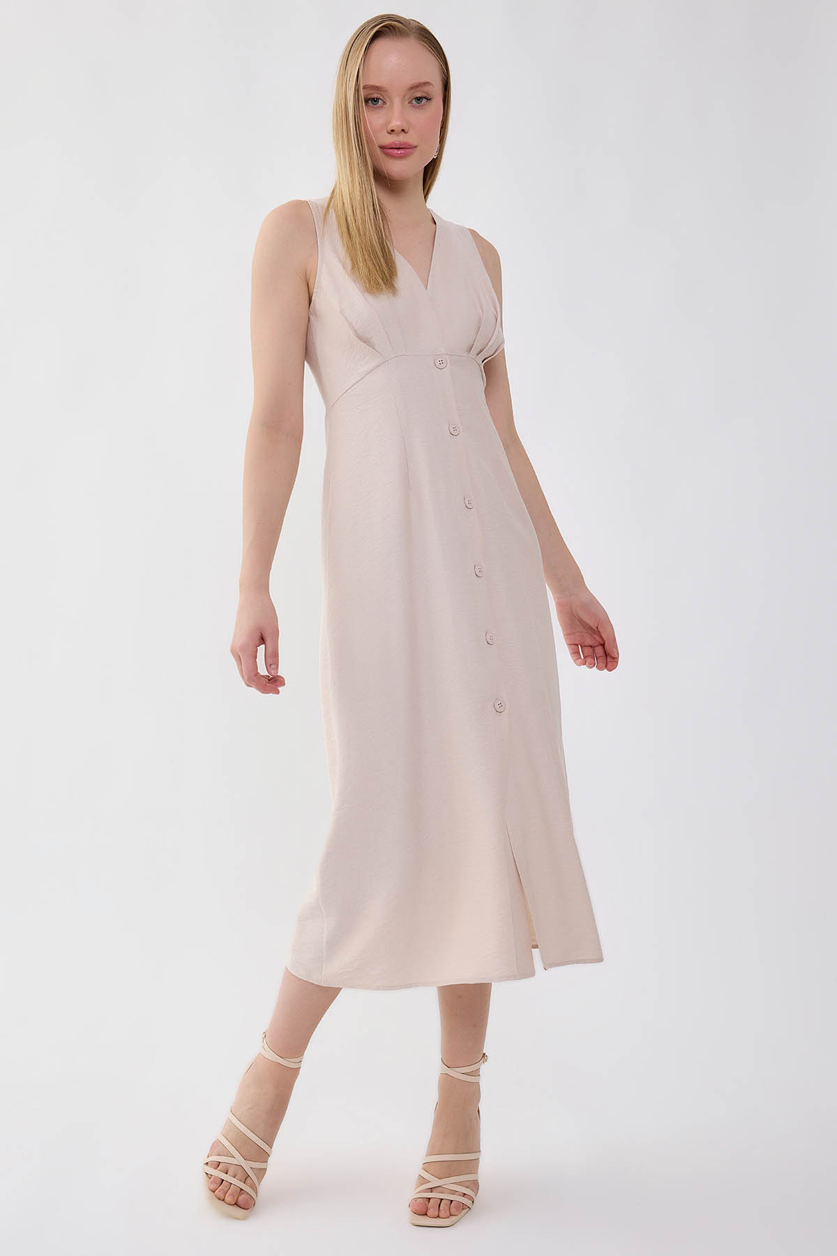 V Yaka Düğmeli Elbise - Thumbnail