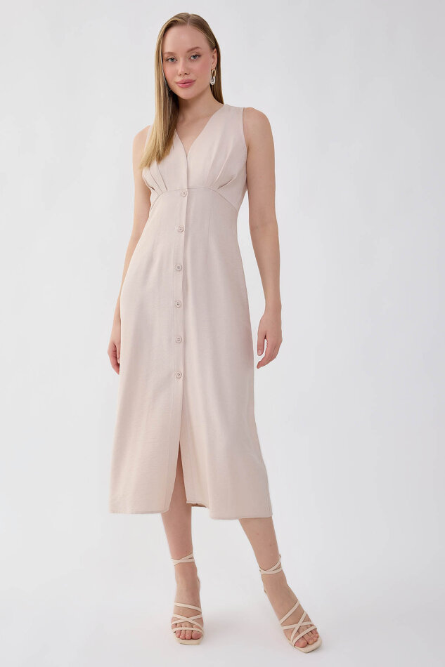 V Yaka Düğmeli Elbise - 13