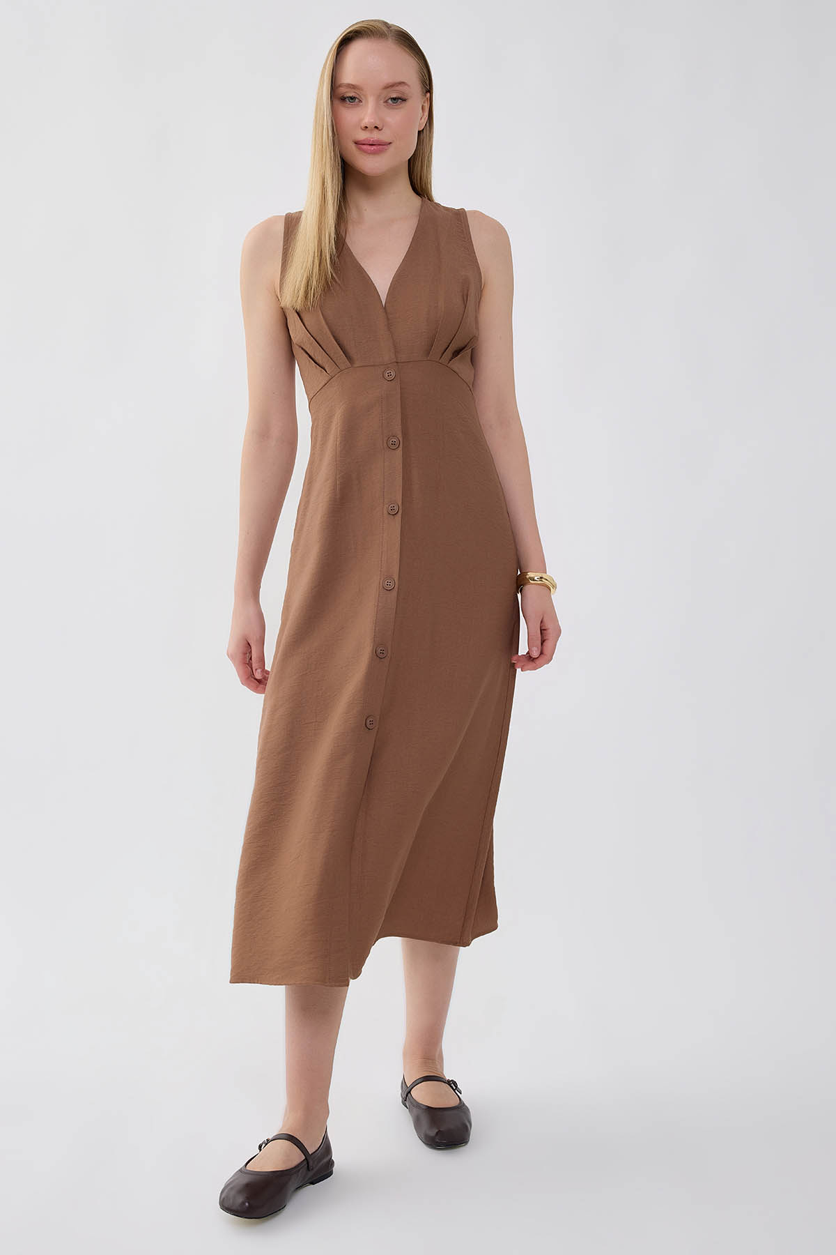 V Yaka Düğmeli Elbise - Thumbnail