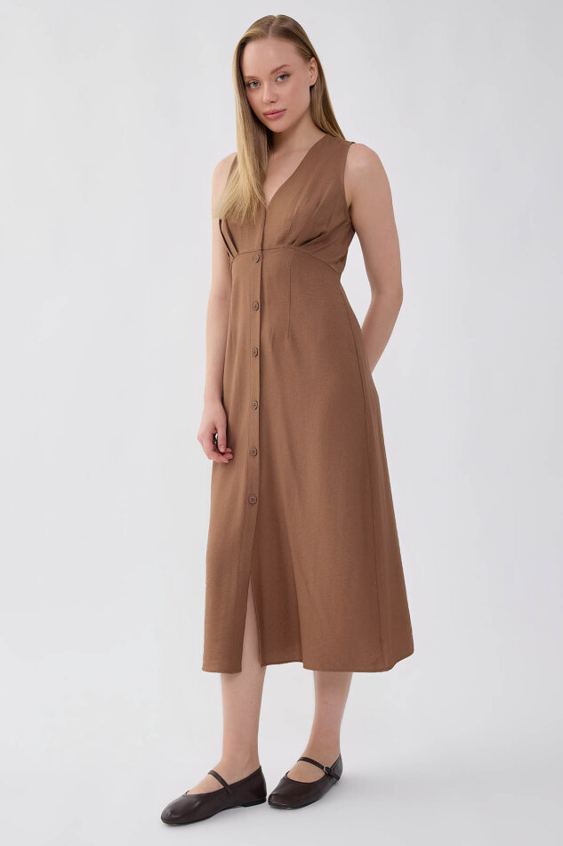 V Yaka Düğmeli Elbise - 22