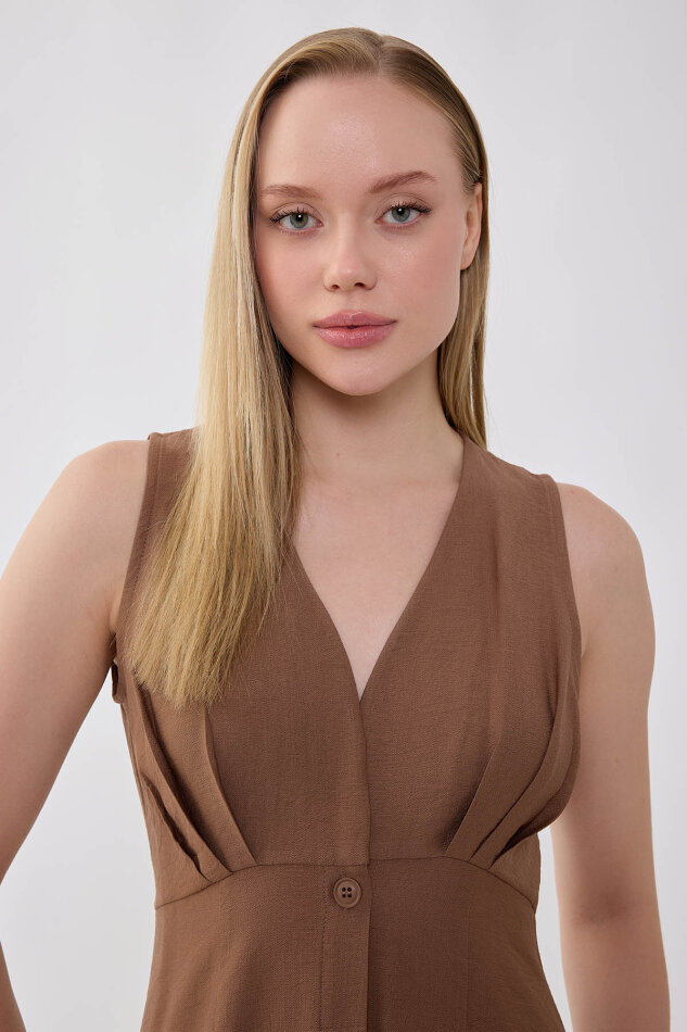 V Yaka Düğmeli Elbise - 24