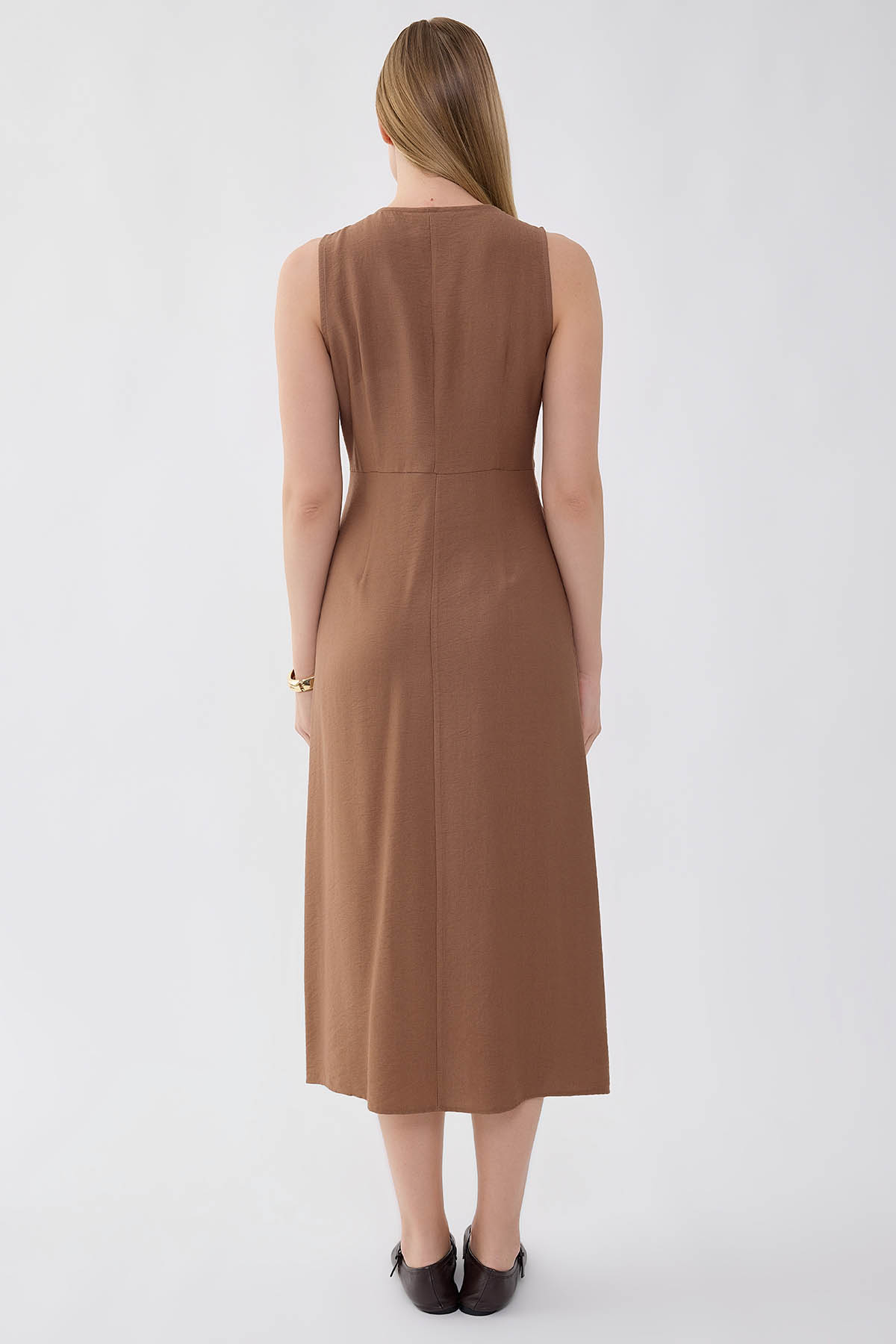 V Yaka Düğmeli Elbise - Thumbnail