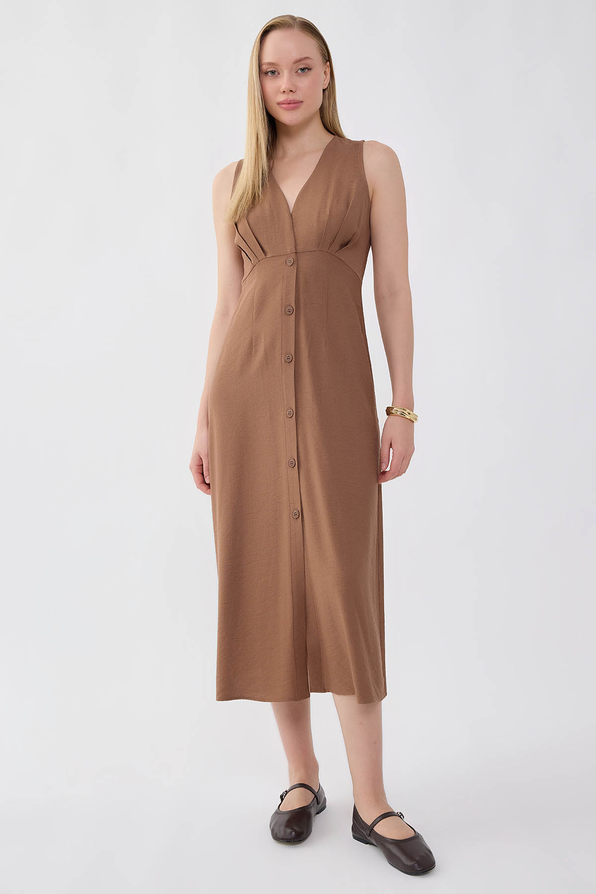 V Yaka Düğmeli Elbise - Thumbnail