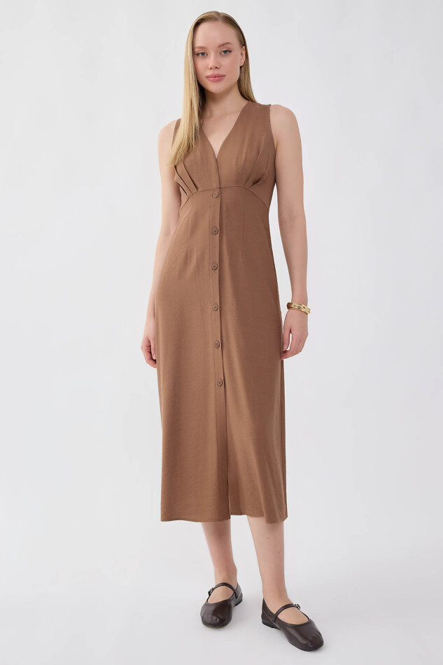 V Yaka Düğmeli Elbise - 19