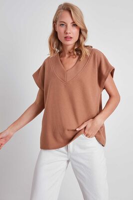 VİTRİN - V Yaka Düşük Kol Örme Sweat