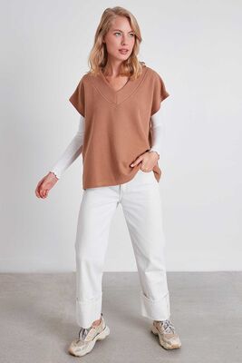 VİTRİN - V Yaka Düşük Kol Örme Sweat (1)