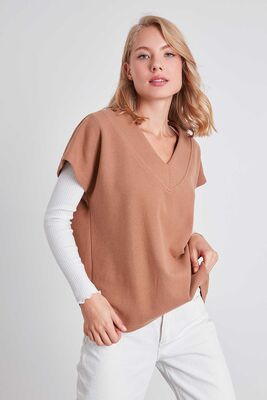 V Yaka Düşük Kol Örme Sweat - Thumbnail (2)