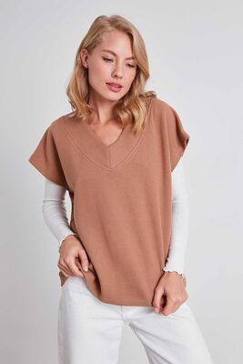 V Yaka Düşük Kol Örme Sweat - Thumbnail (3)