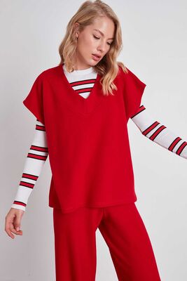 V Yaka Düşük Kol Örme Sweat - Thumbnail (11)