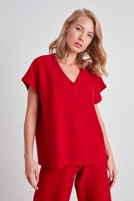 V Yaka Düşük Kol Örme Sweat - Thumbnail (9)