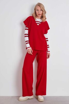 V Yaka Düşük Kol Örme Sweat - Thumbnail (10)