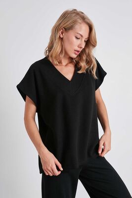 V Yaka Düşük Kol Örme Sweat - Thumbnail (5)