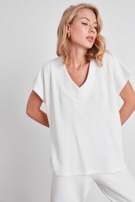 V Yaka Düşük Kol Örme Sweat - Thumbnail (15)