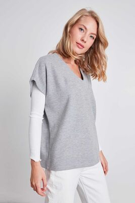 V Yaka Düşük Kol Örme Sweat - Thumbnail (19)