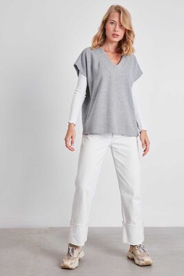 V Yaka Düşük Kol Örme Sweat - Thumbnail (20)