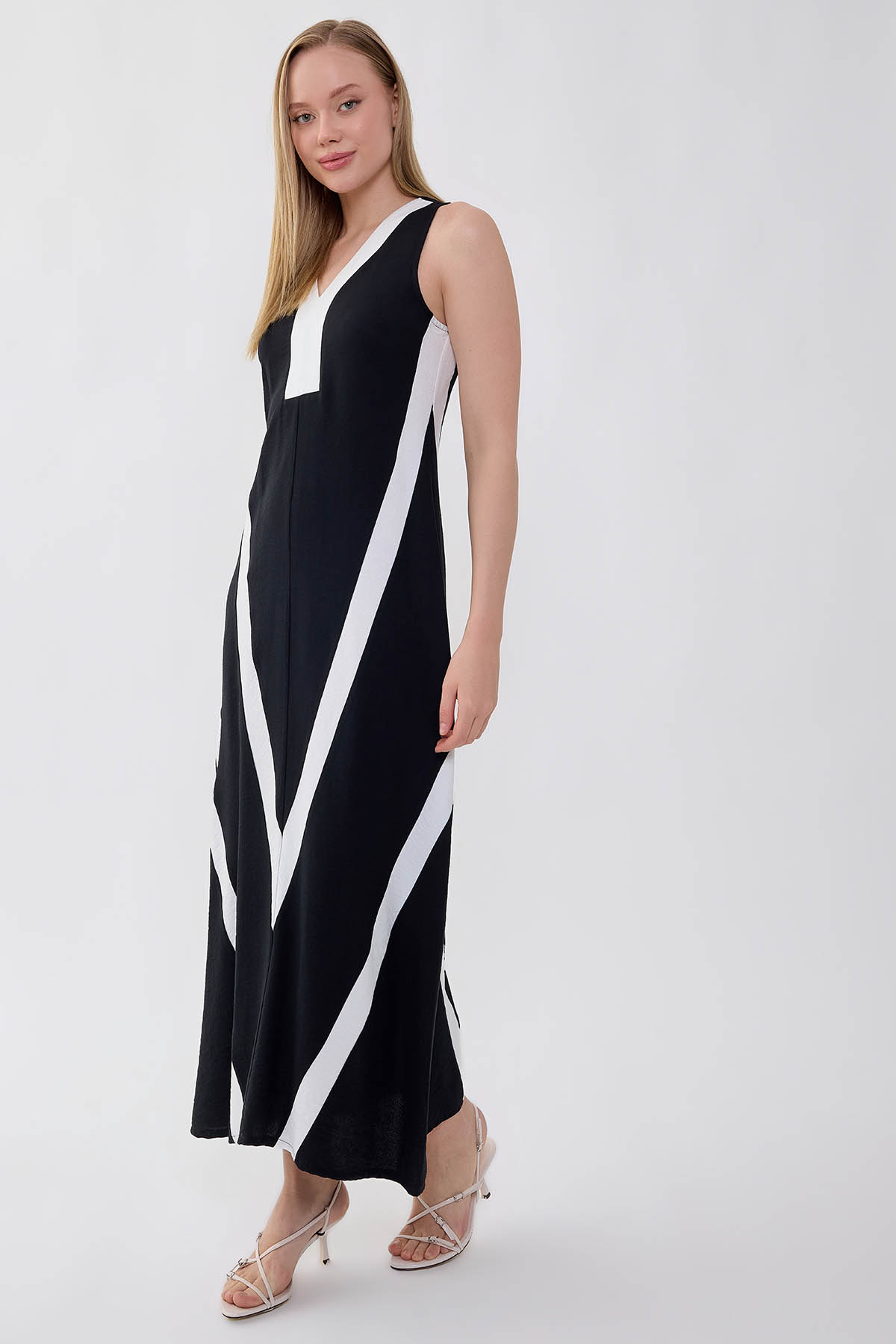 VİTRİN - V Yaka İki Renk Uzun Elbise (1)