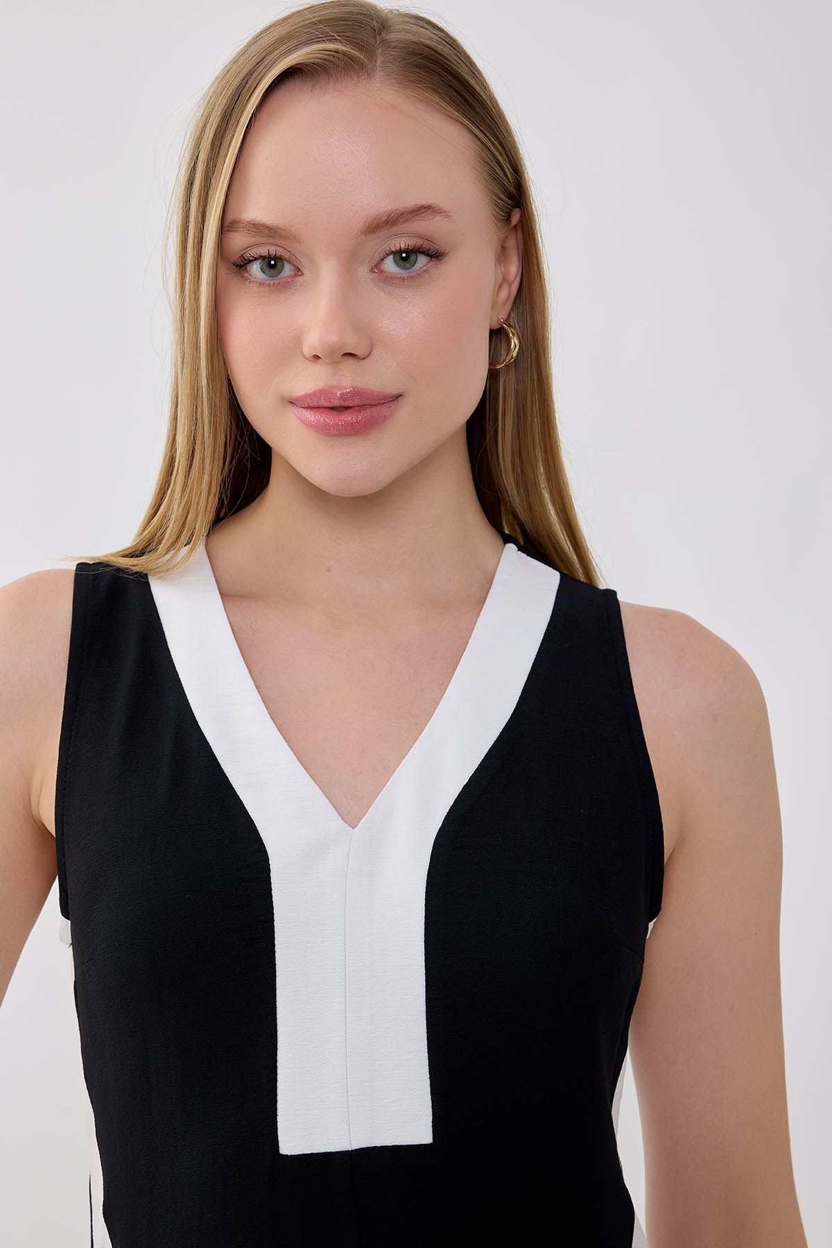 V Yaka İki Renk Uzun Elbise - Thumbnail