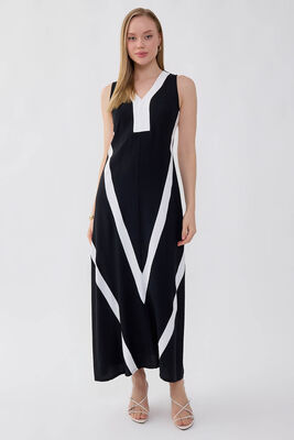 V Yaka İki Renk Uzun Elbise