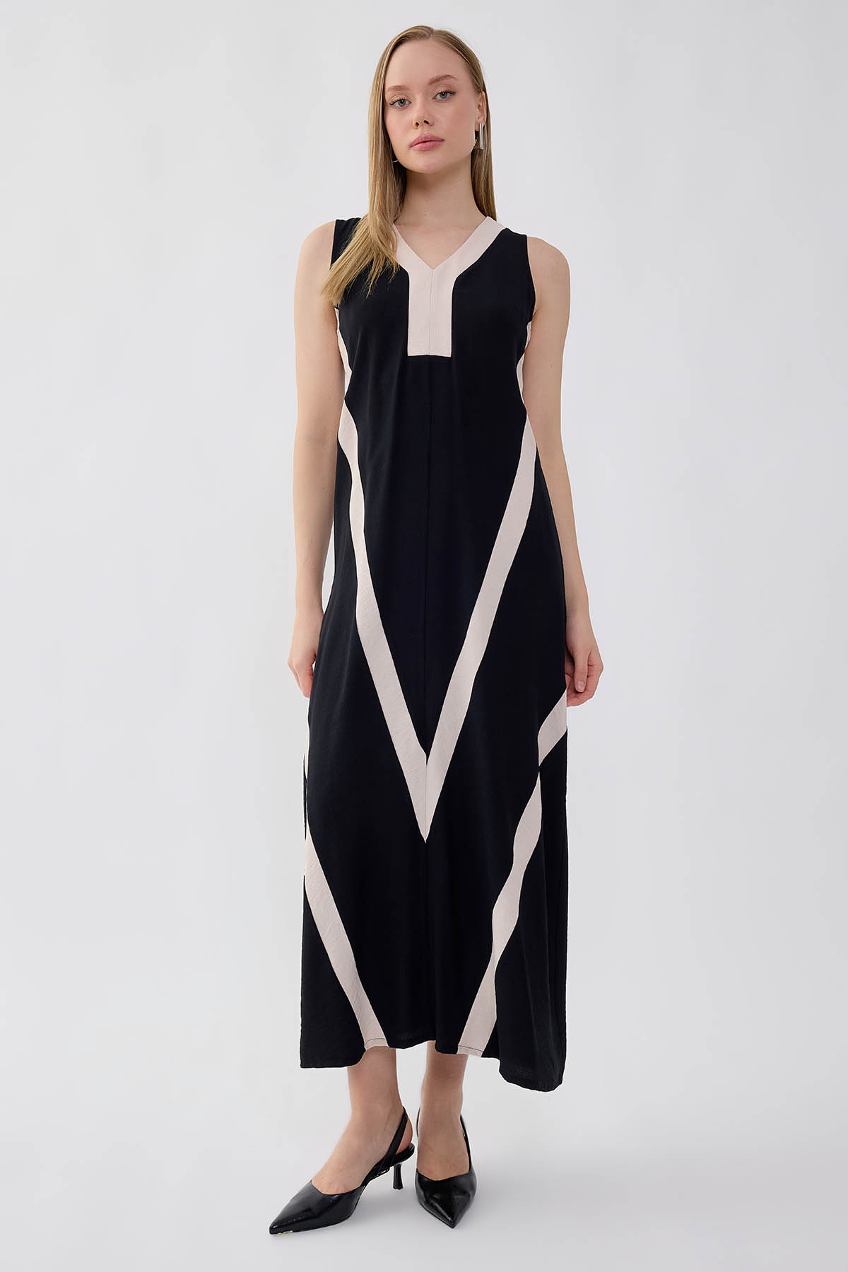 V Yaka İki Renk Uzun Elbise - Thumbnail