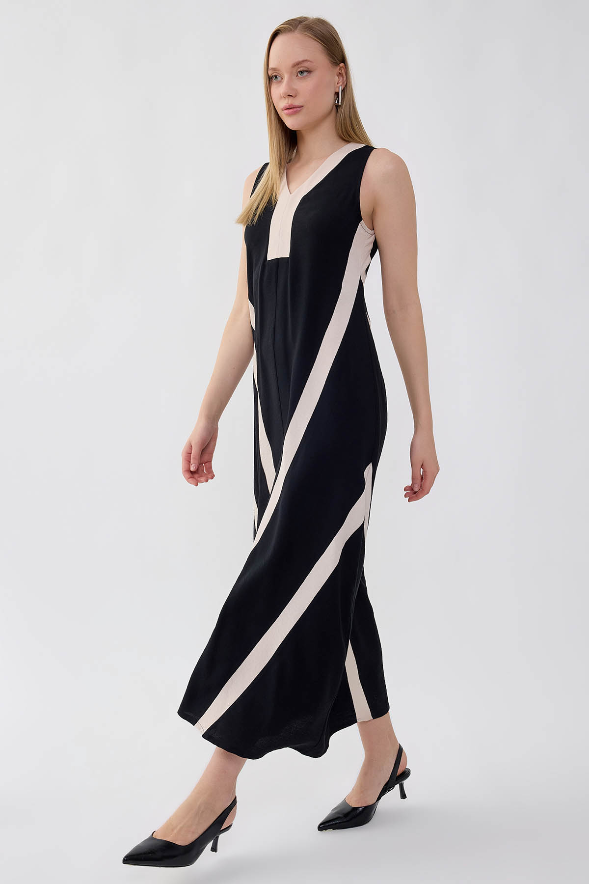 V Yaka İki Renk Uzun Elbise - Thumbnail