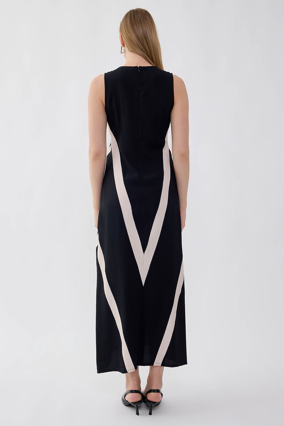 V Yaka İki Renk Uzun Elbise - Thumbnail