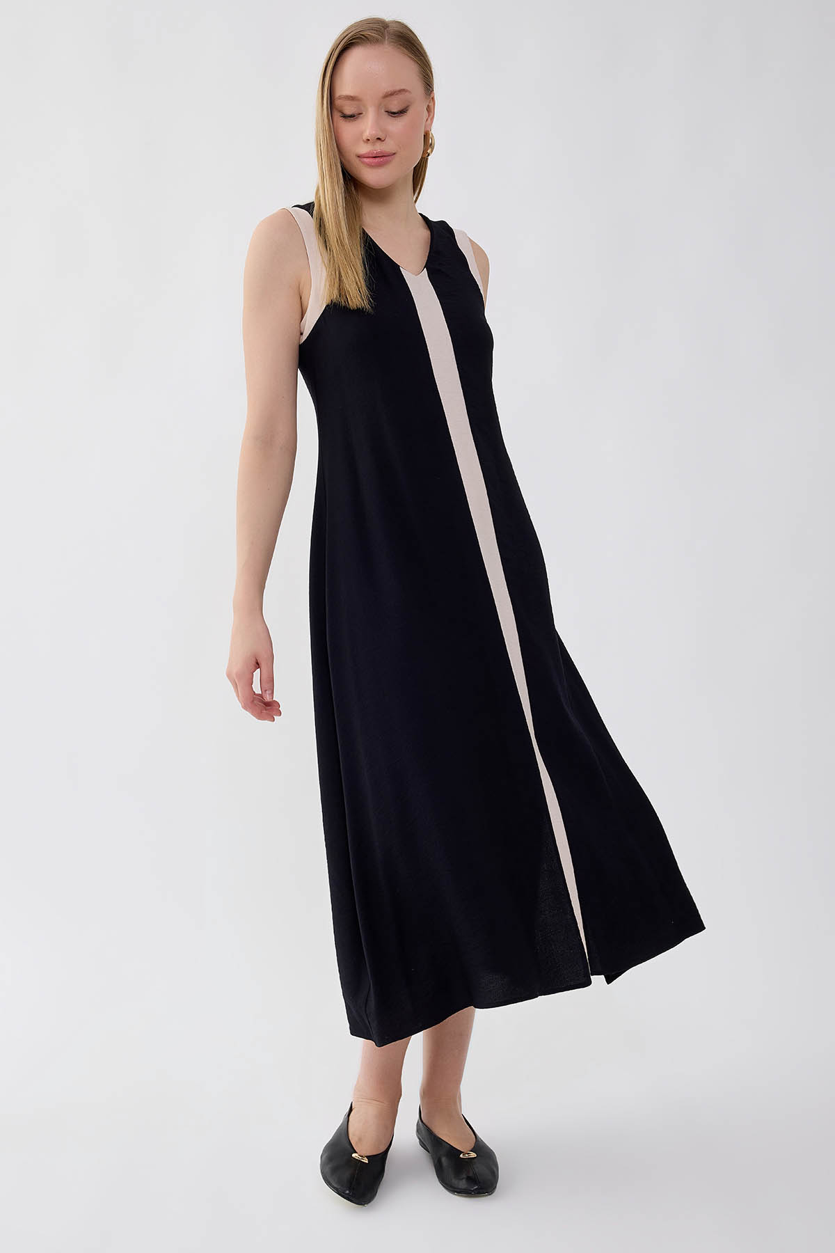 VİTRİN - V Yaka İki Renk Uzun Elbise (1)
