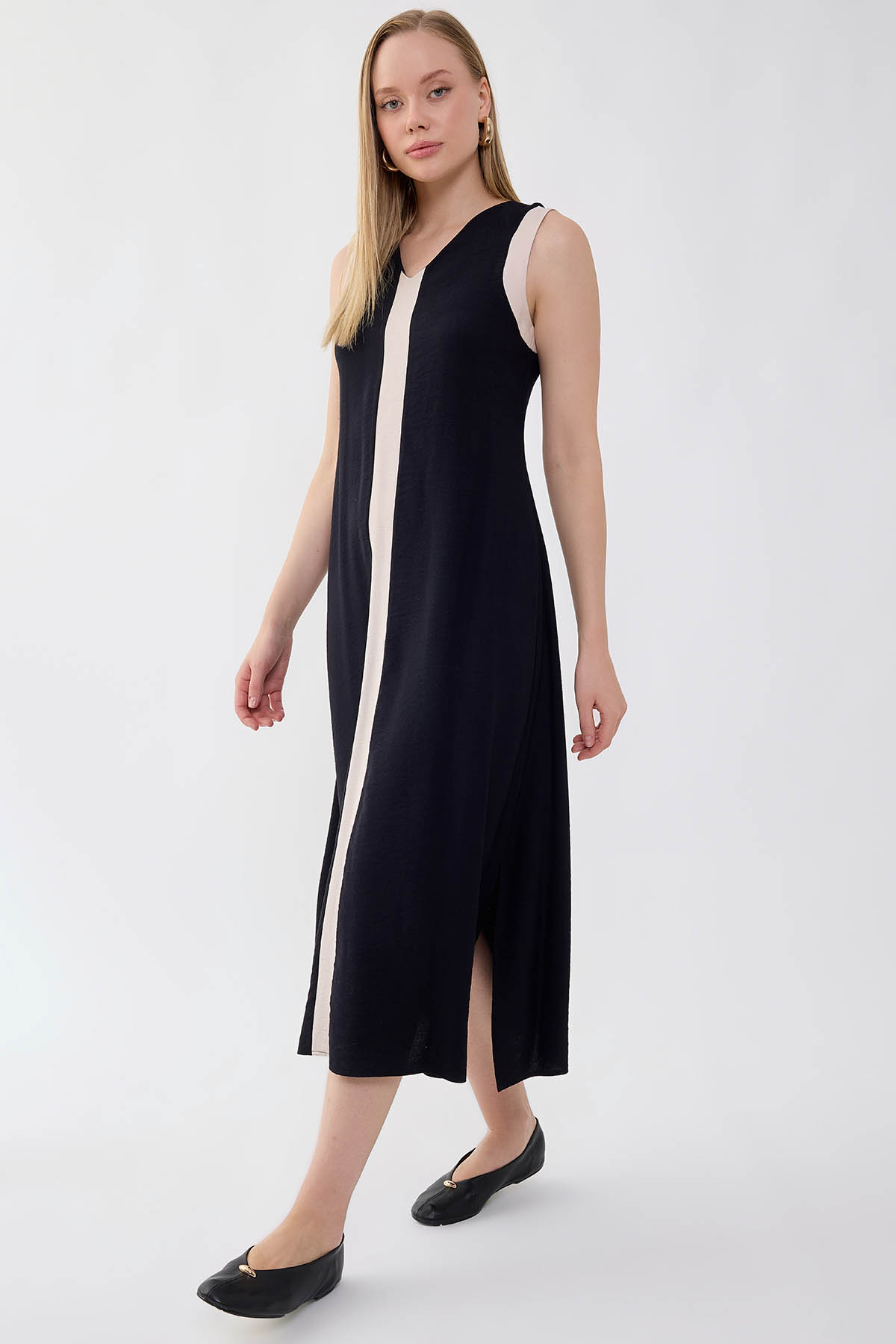 V Yaka İki Renk Uzun Elbise - Thumbnail