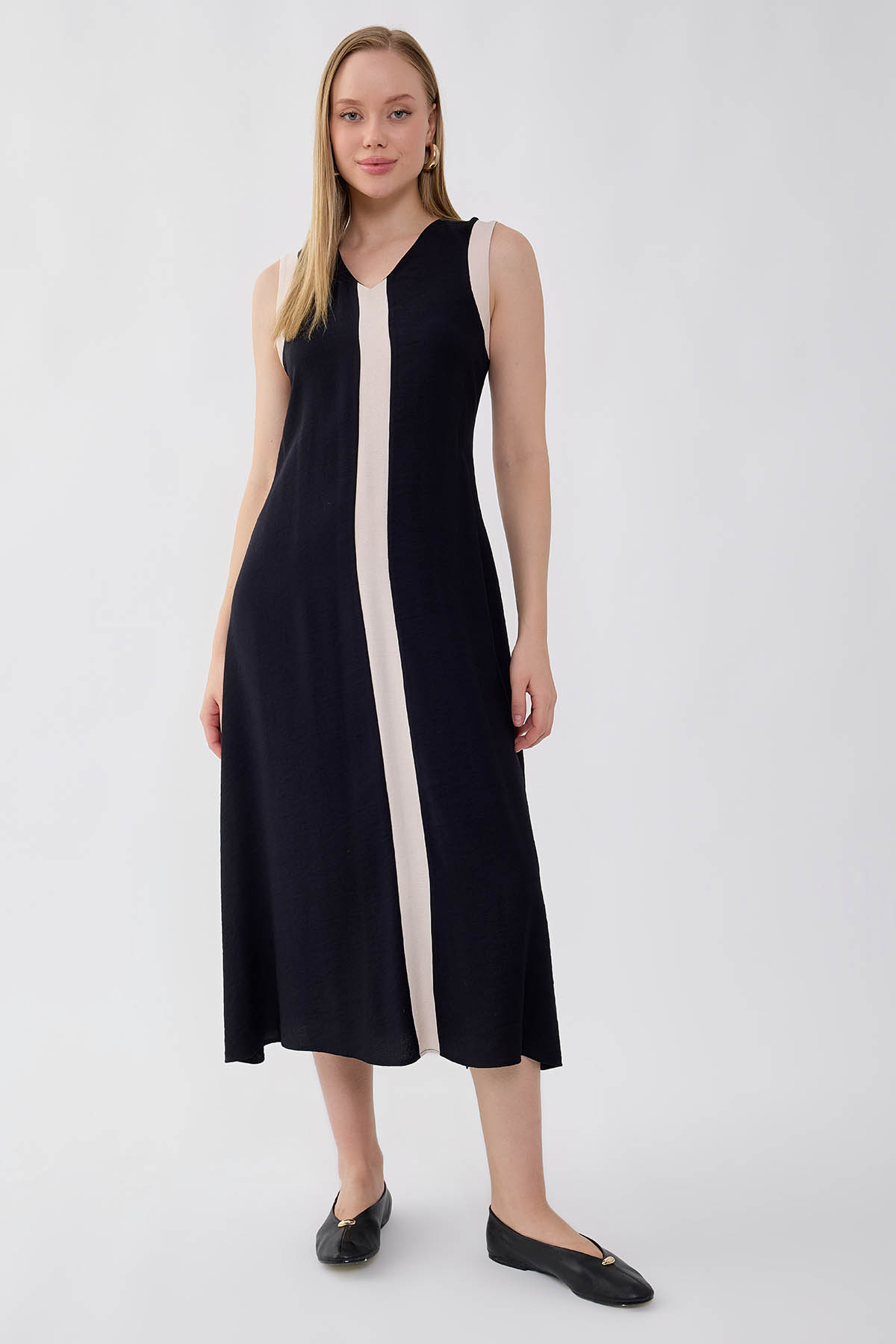 VİTRİN - V Yaka İki Renk Uzun Elbise