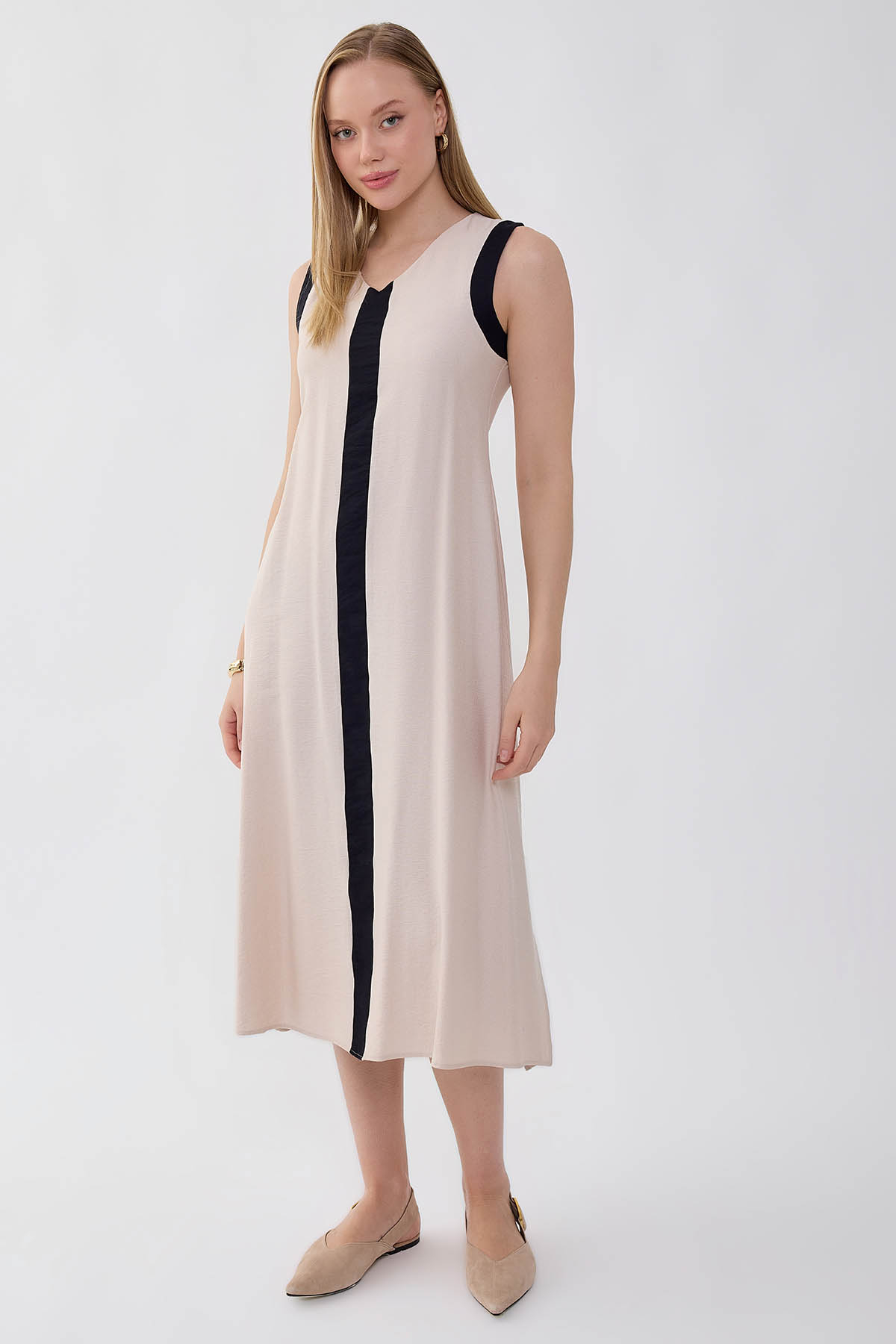 V Yaka İki Renk Uzun Elbise - Thumbnail