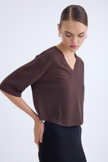 V Yaka Kısa Kol Bluz - 4