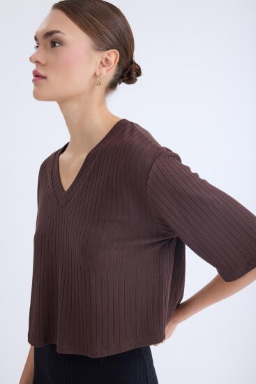 V Yaka Kısa Kol Bluz - 5