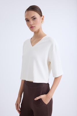 V Yaka Kısa Kol Bluz - Thumbnail (13)