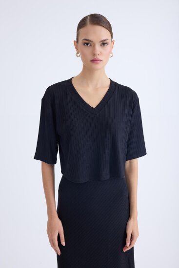 V Yaka Kısa Kol Bluz - 19