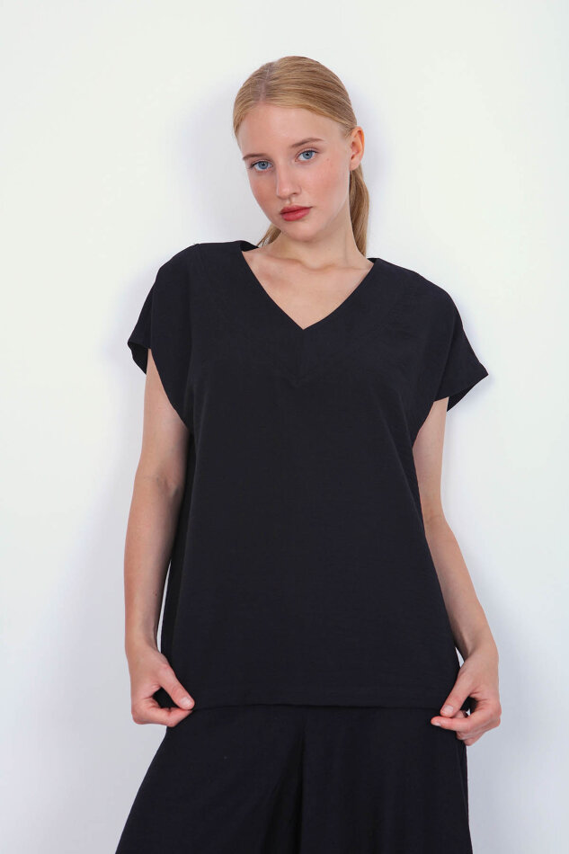 V Yaka Kısa Kol Bluz - 7