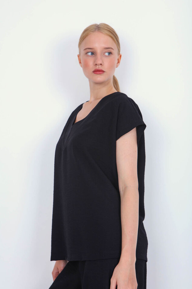 V Yaka Kısa Kol Bluz - 8