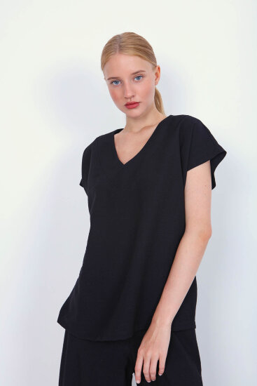 V Yaka Kısa Kol Bluz - 9