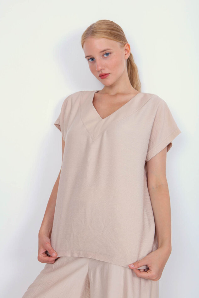 V Yaka Kısa Kol Bluz - 13