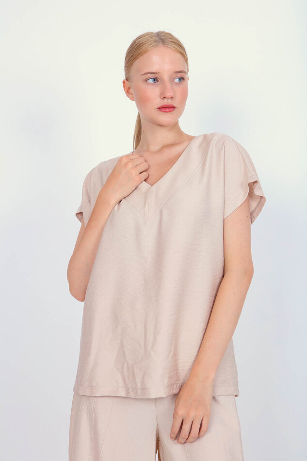 V Yaka Kısa Kol Bluz - 14