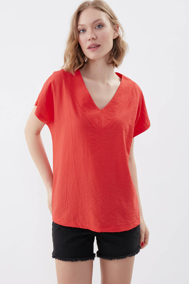 V Yaka Kısa Kol Bluz - 28