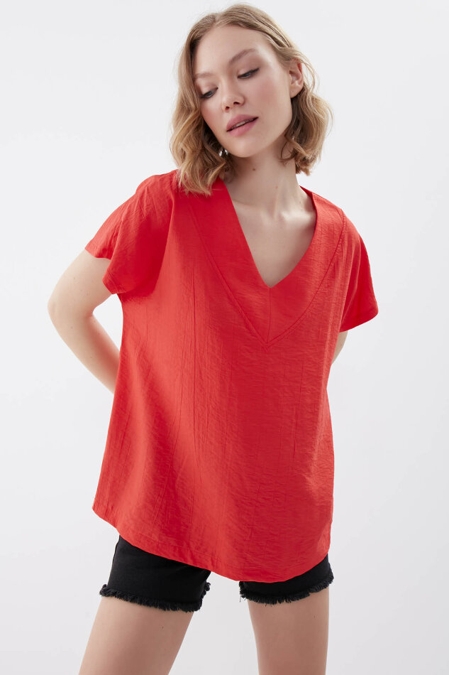 V Yaka Kısa Kol Bluz - 29
