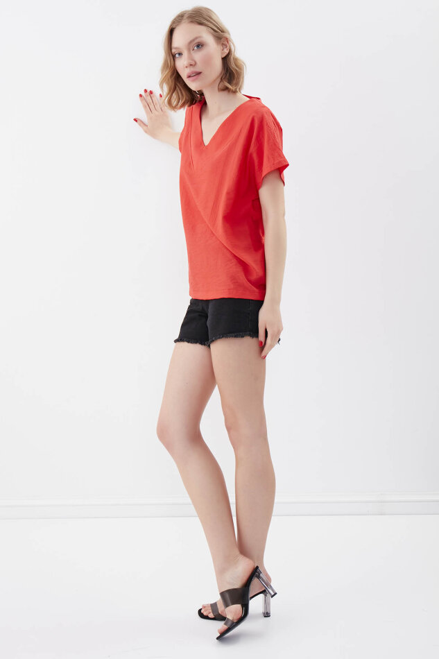 V Yaka Kısa Kol Bluz - 30