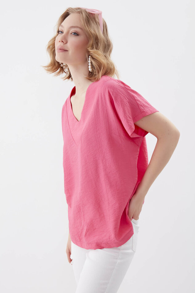 V Yaka Kısa Kol Bluz - 34