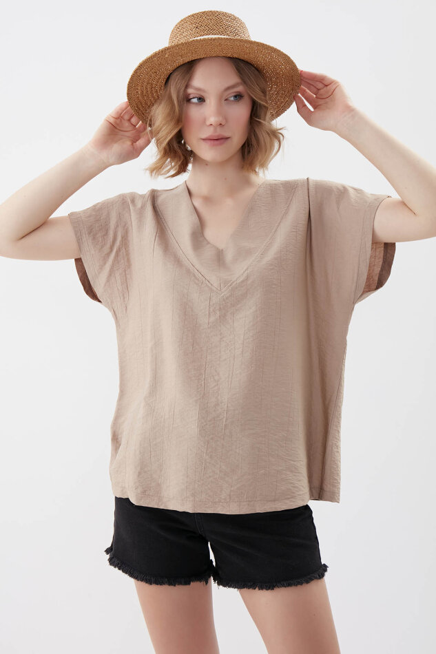 V Yaka Kısa Kol Bluz - 44