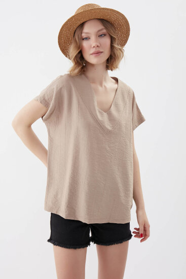 V Yaka Kısa Kol Bluz - 43