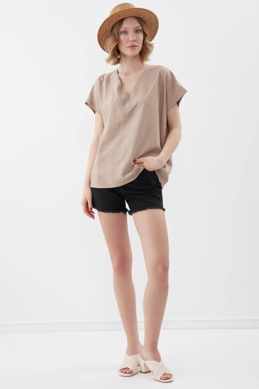 V Yaka Kısa Kol Bluz - 47